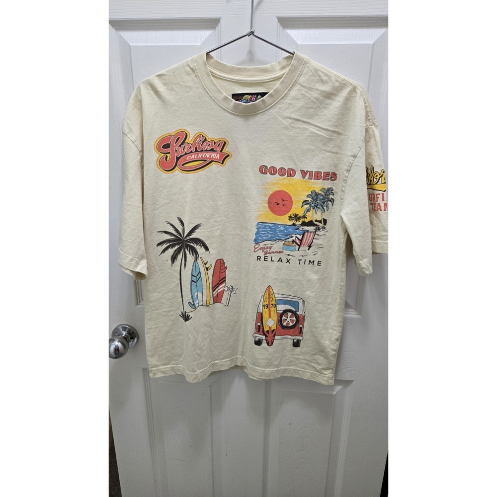 American Garage Surfing California Good Vibes Shirt Mens S Beige Surf Graphic T